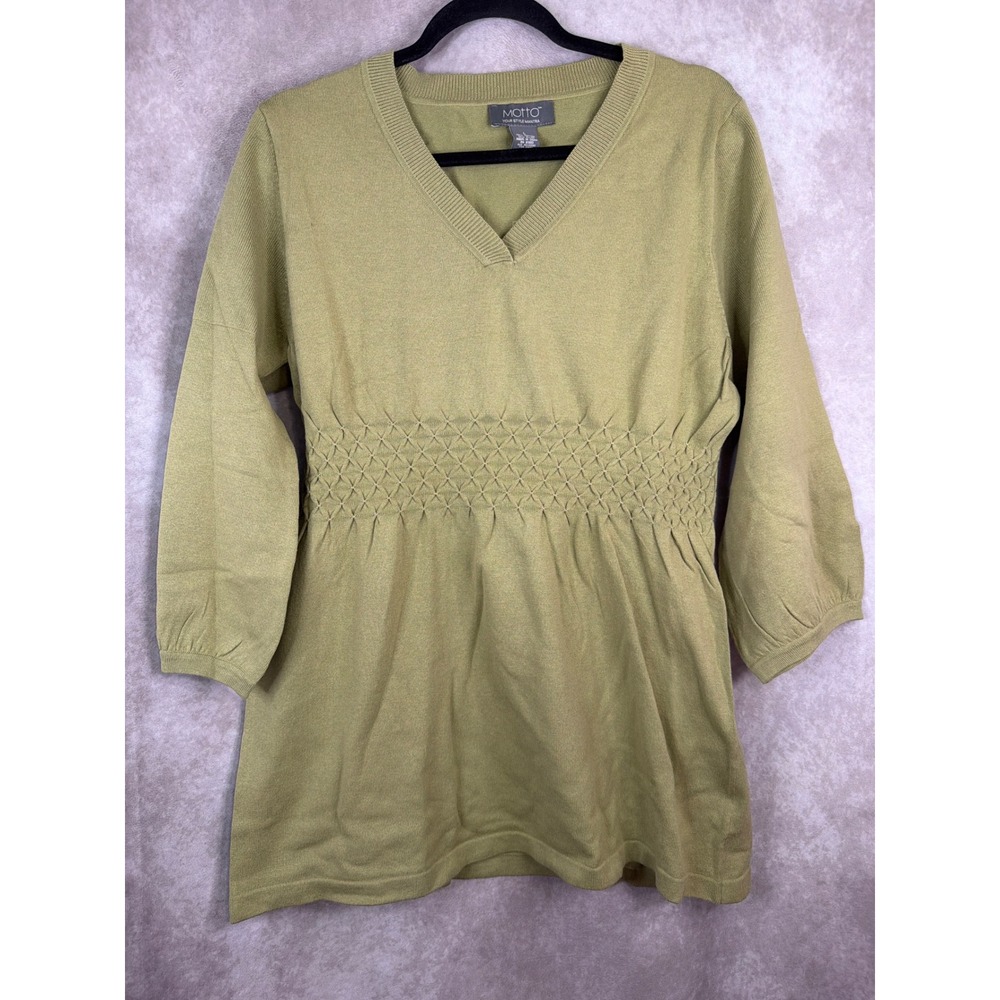 Mango Olive V-Neck Smocked-Waist Sweater